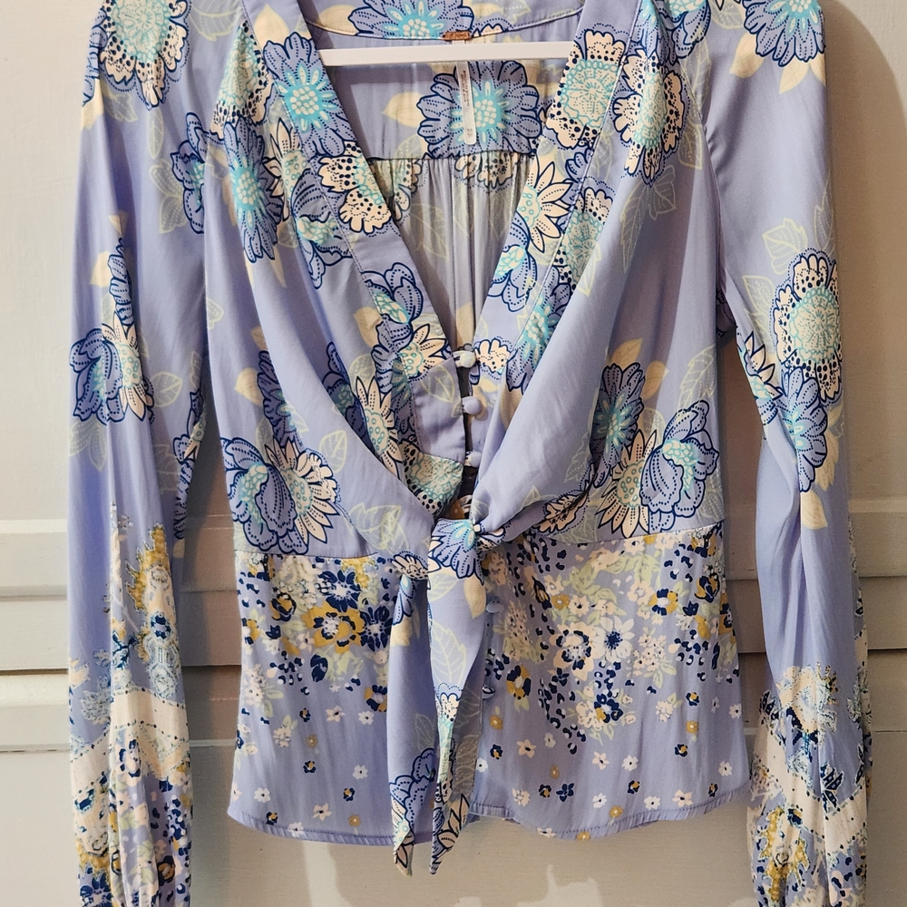 Free People Floral Tie-Front Blouse - Lavender and Yellow